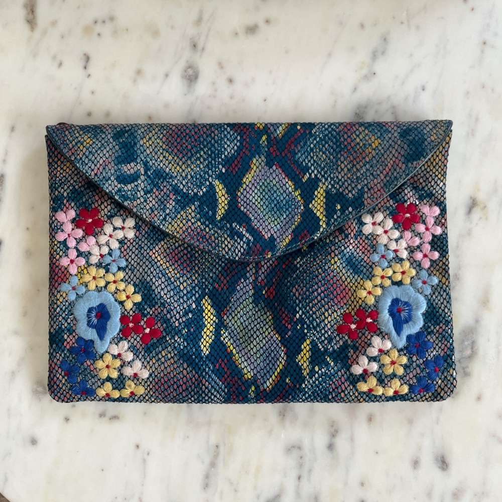Anthropologie Snake-Printed Embroidered Clutch